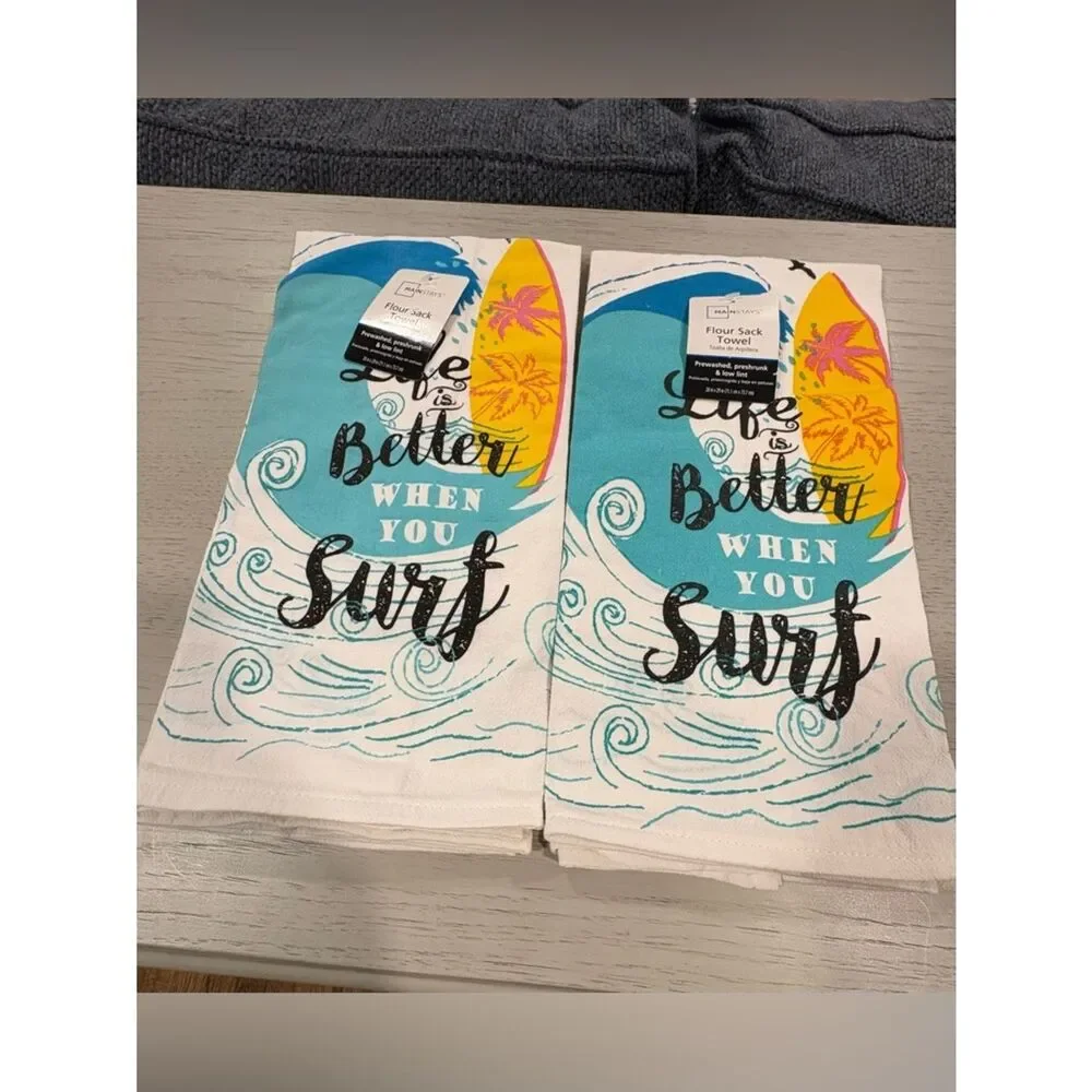 Mainstays Surf Kitchen Two Towels in White, Blue, Yellow